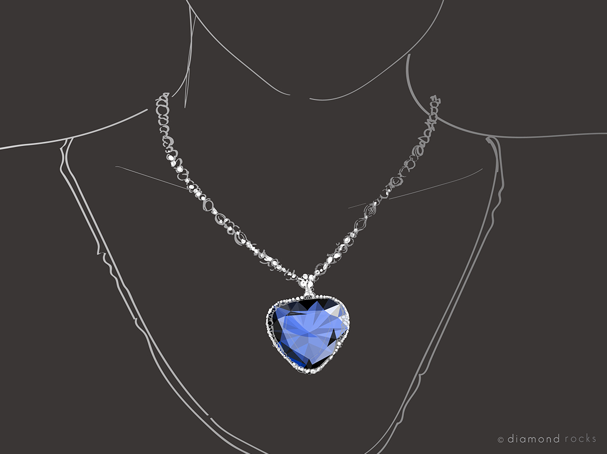 The fictional 'Heart of the Ocean' necklace is a heart-shaped bright blue sapphire surrounded by diamonds on a diamond chain