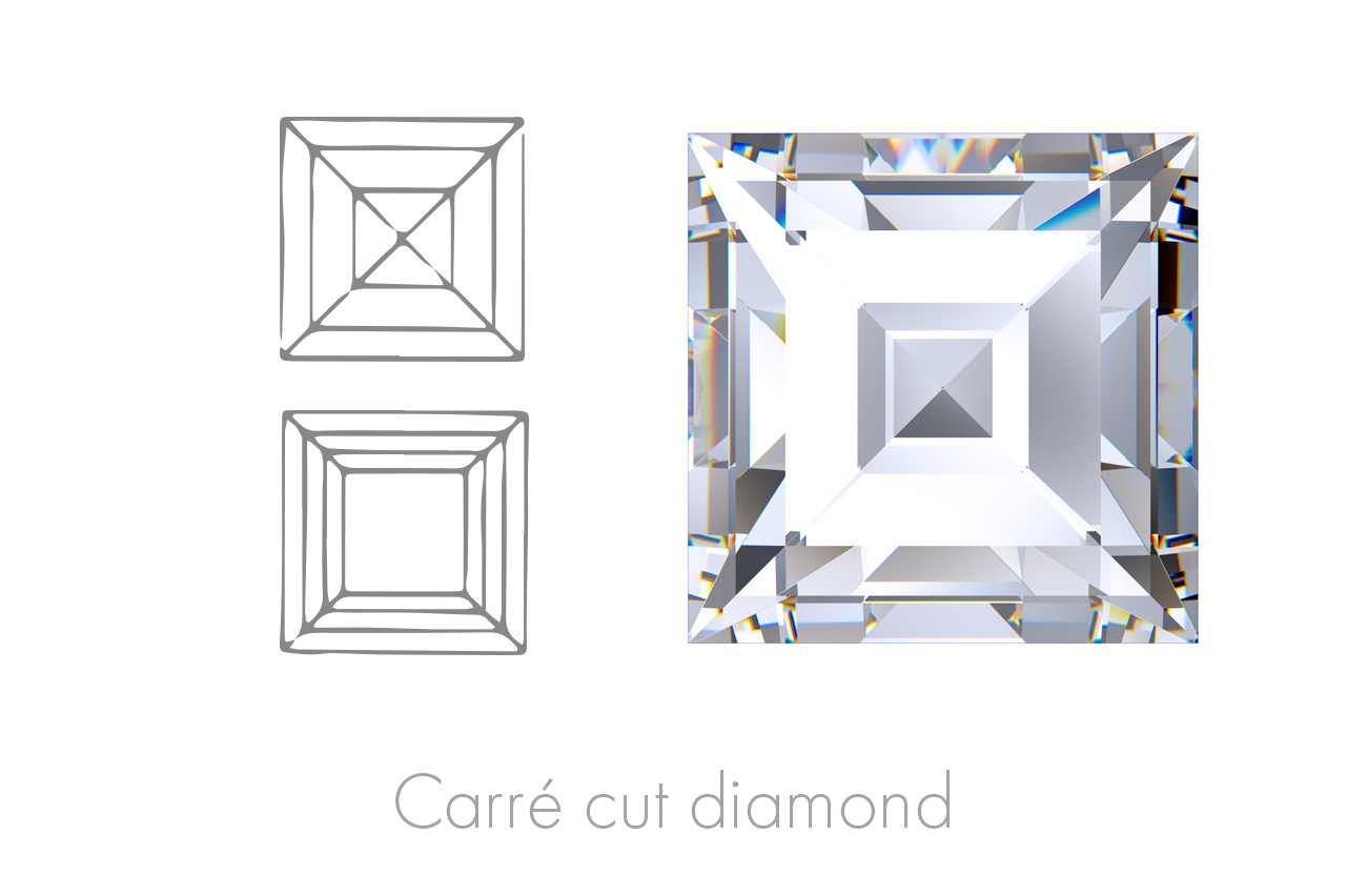 The Carré cut, originally developed to make maximum use of the rough stone, is a square-shaped stone with 90֯ corners and a large upper facet.