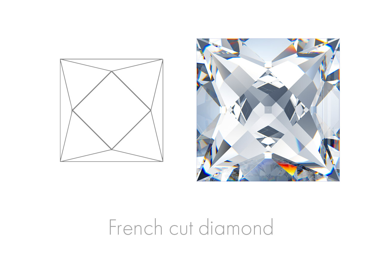 French Cut diamonds are square or rectangular multifaceted gems, recognisable by the typical cross the crown facets depict. 