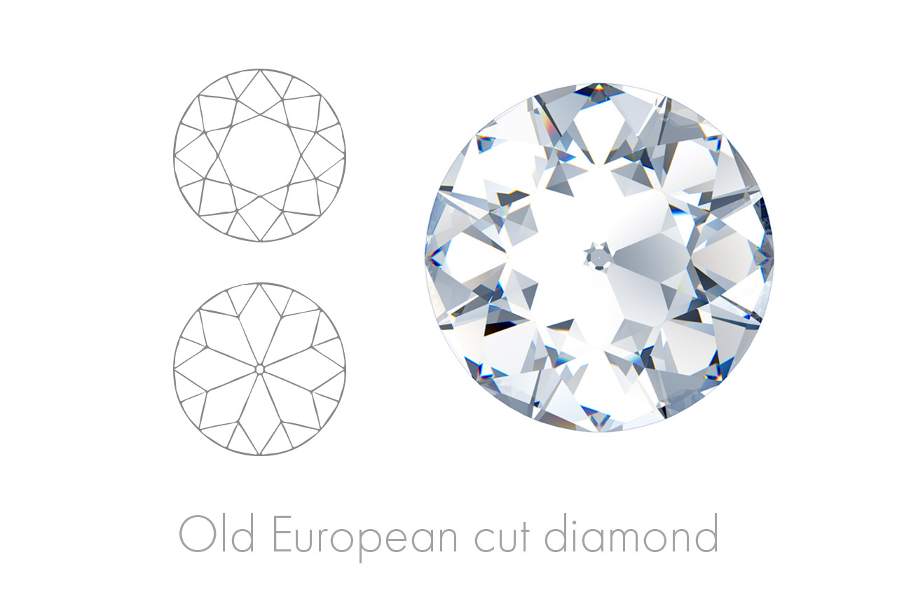 The Old European Cut Diamond features a rounded table and larger, triangular facets, akin to those of the modern brilliant cut.