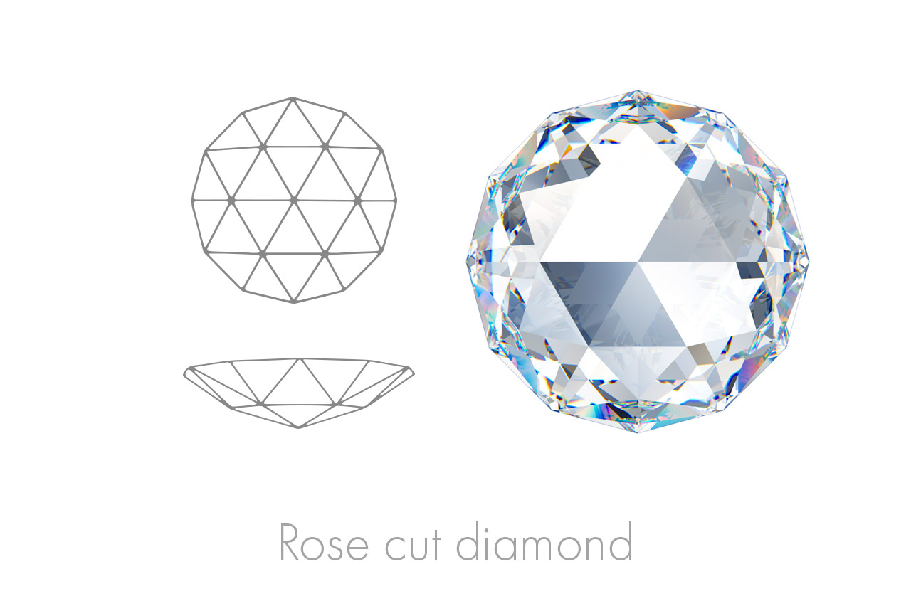 notable for its simplistic faceting, flat back and domed tops covered in triangular facets that mimic the inner spiral of a rose.