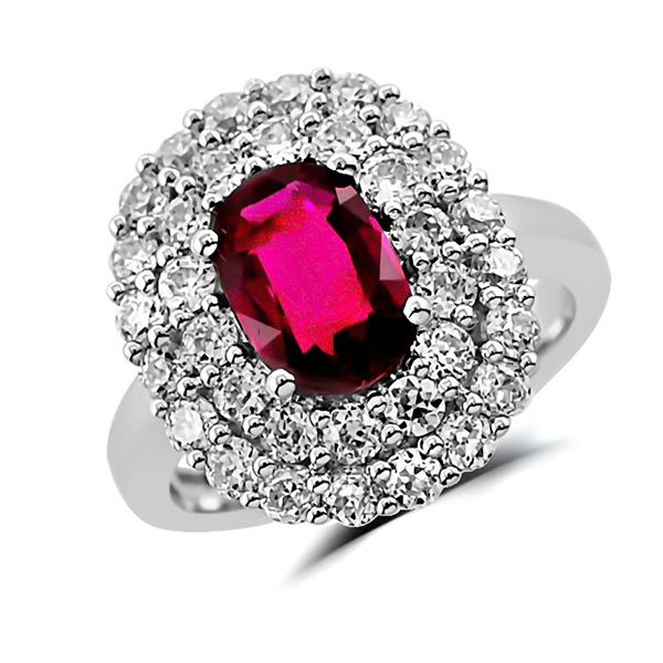 Unheated Burma Ruby Cushion and Diamond Double Halo Ring