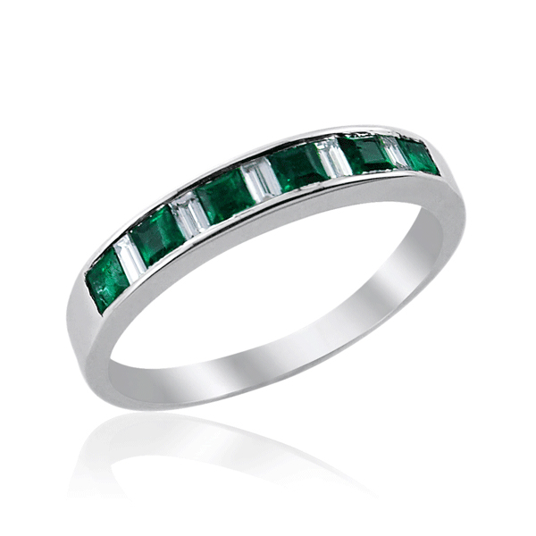Emerald Square and Diamond Baguette Half Eternity Ring