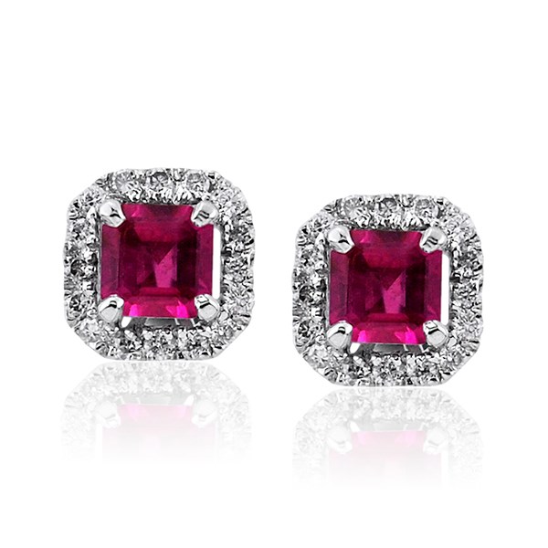 Ruby Square and Diamond Halo Stud Earrings