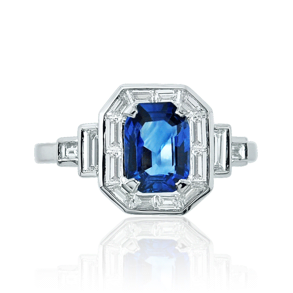 Sapphire Octagon and Baguette Diamond Ring