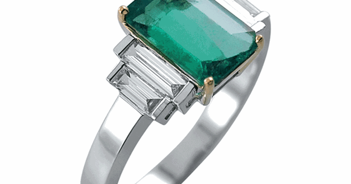 Emerald Octagon and Baguette Diamond Stepped Ring