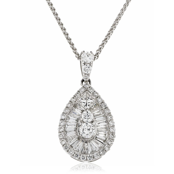 Round and Baguette Diamond Pear Shape Pendant Necklace