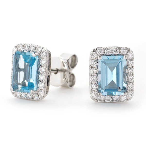 Aquamarine Emerald Cut and Diamond Halo Earrings
