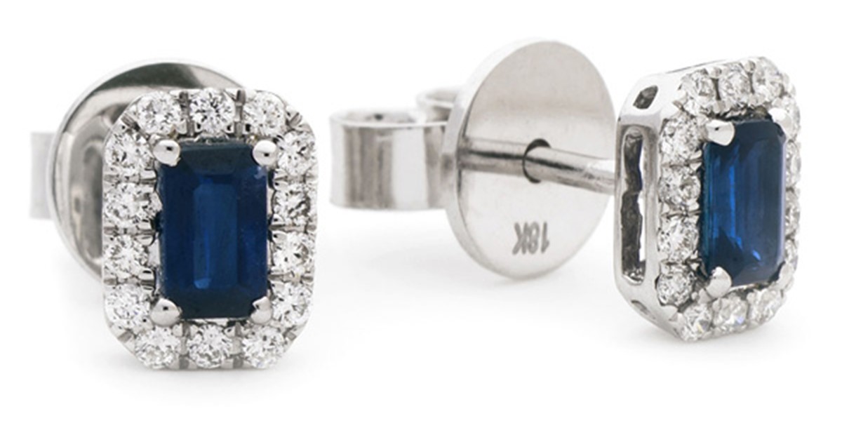 Sapphire Emerald Cut and Diamond Halo Earrings - Main Image