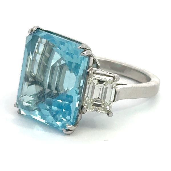 Aquamarine Octagon and Emerald Cut Diamond Trilogy Ring