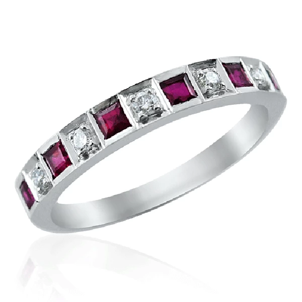 Square Half Eternity Rubellite Ring Framed By Natural White Zircons Set In Ro... 
