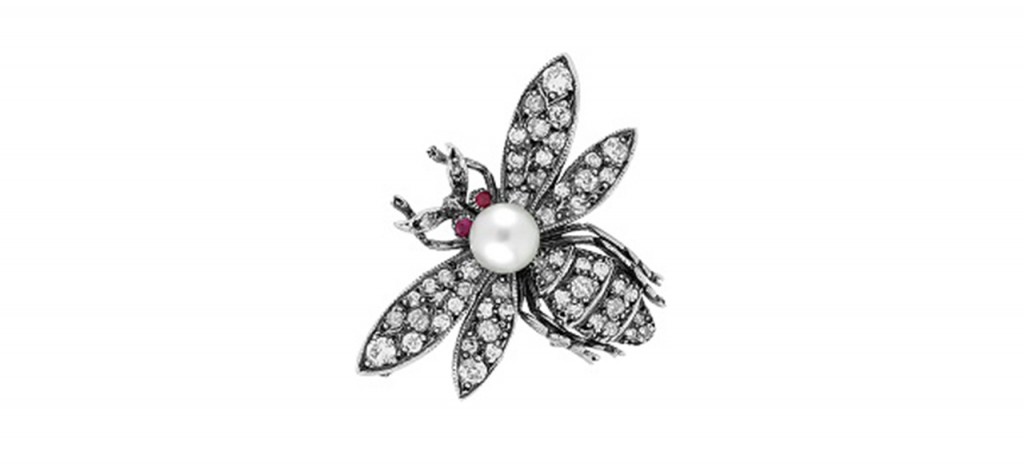 Bumble-Bee-Diamond,-Pearl-&-Ruby-Brooch-Set-in-Silver-Diamond-Rocks