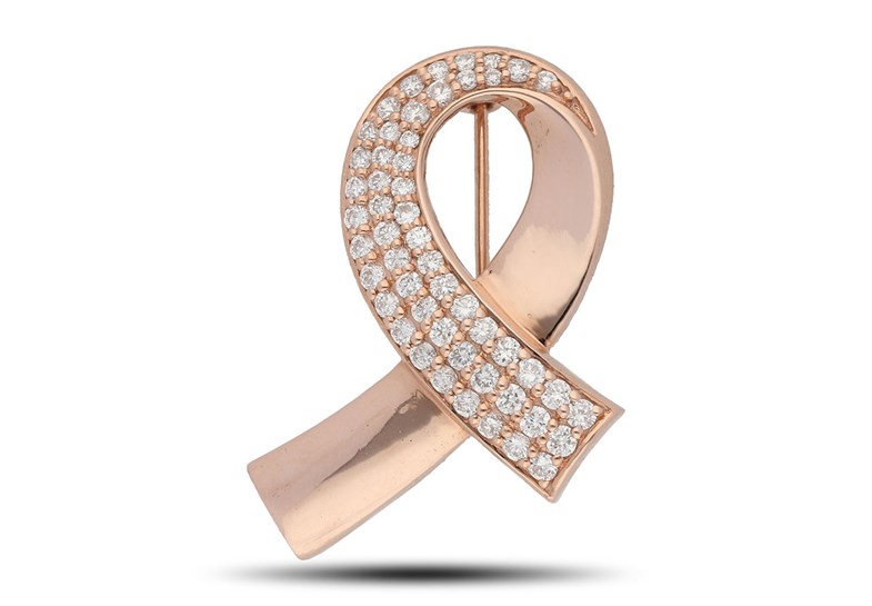 Custom 18K rose gold ribbon brooch with 52 brilliant cut diamonds for Breast Cancer Care