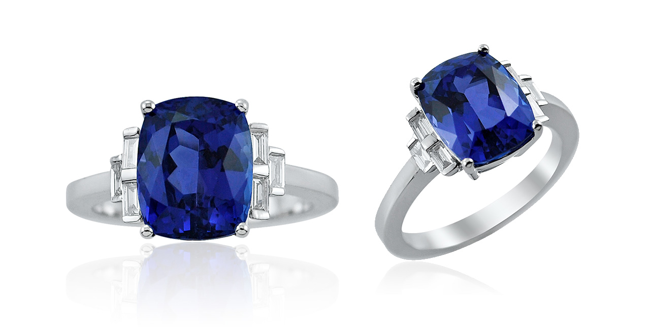 Tanzanite Cushion & 0.21Ct Baguette Diamond Ring In 18K White Gold