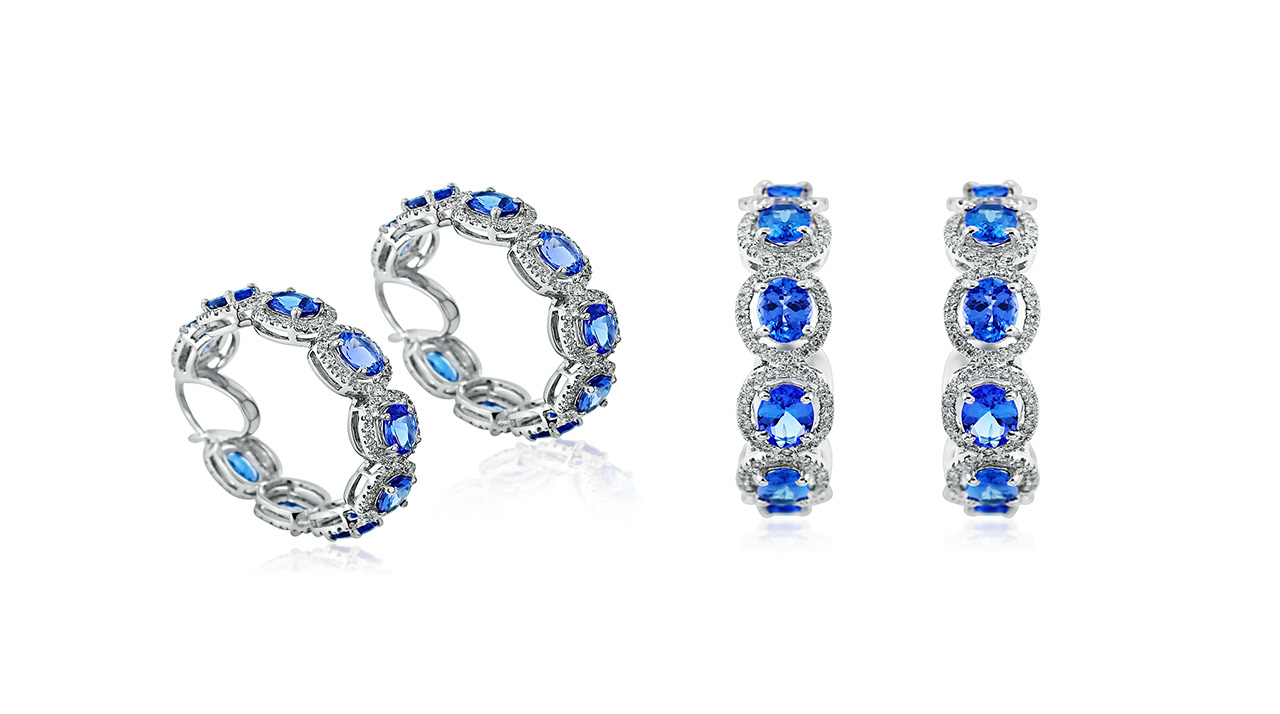 Tanzanite Oval 1.27Cts Brilliant Diamond Hoop Earrings In 18K White Gold