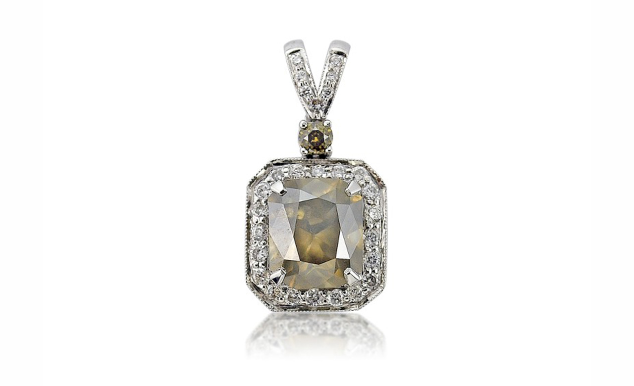 Brilliant & Brown Emerald Cut Diamond Pendant In 18K White Gold