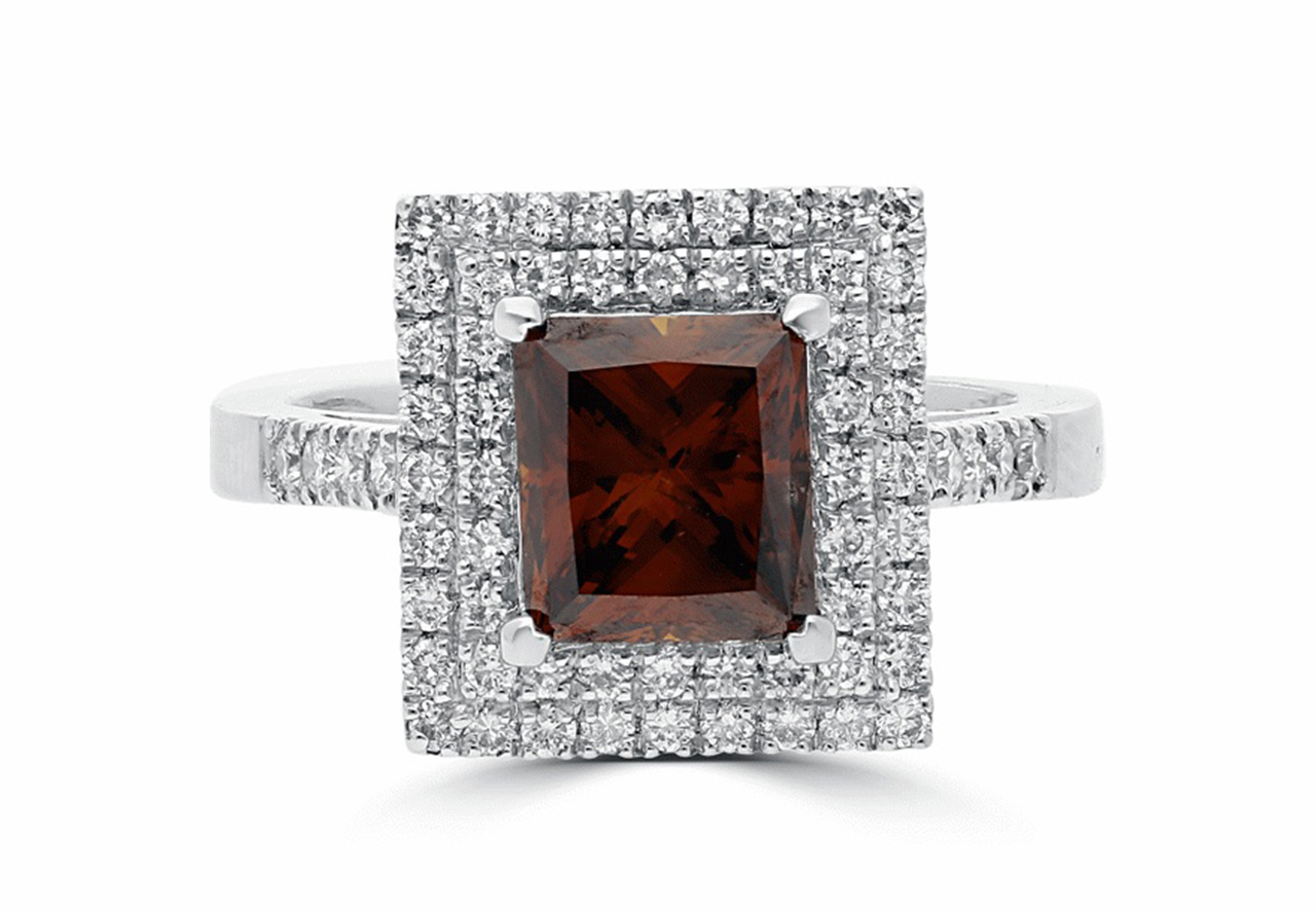 2.64Ct Fancy Dark Orangy Brown Princess & White Round Brilliant Cut Diamond Double Cluster Ring in 18K White Gold